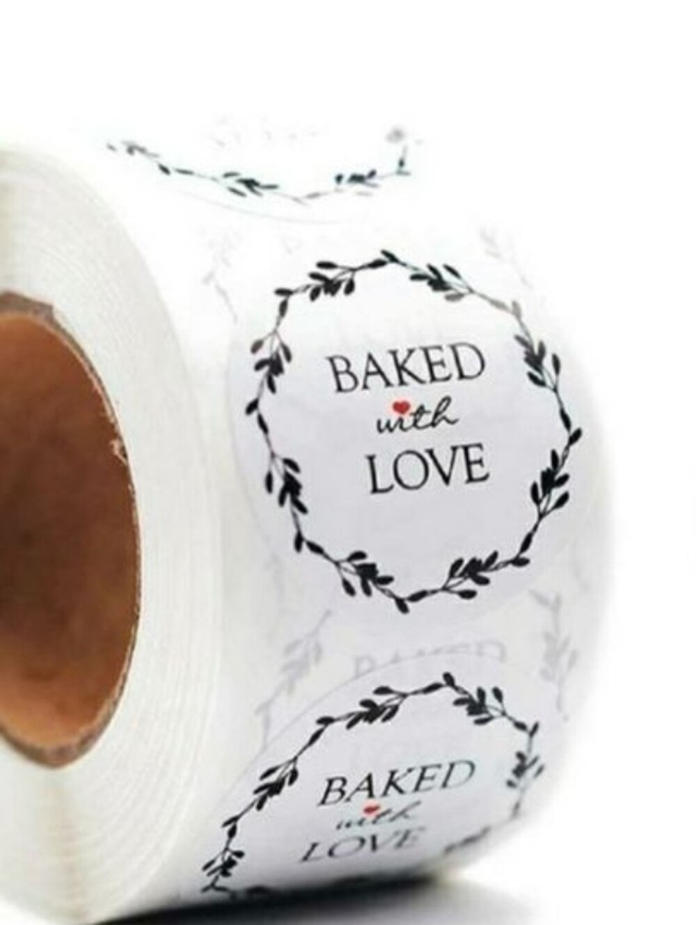White Round "Baked with Love" Sticker Roll